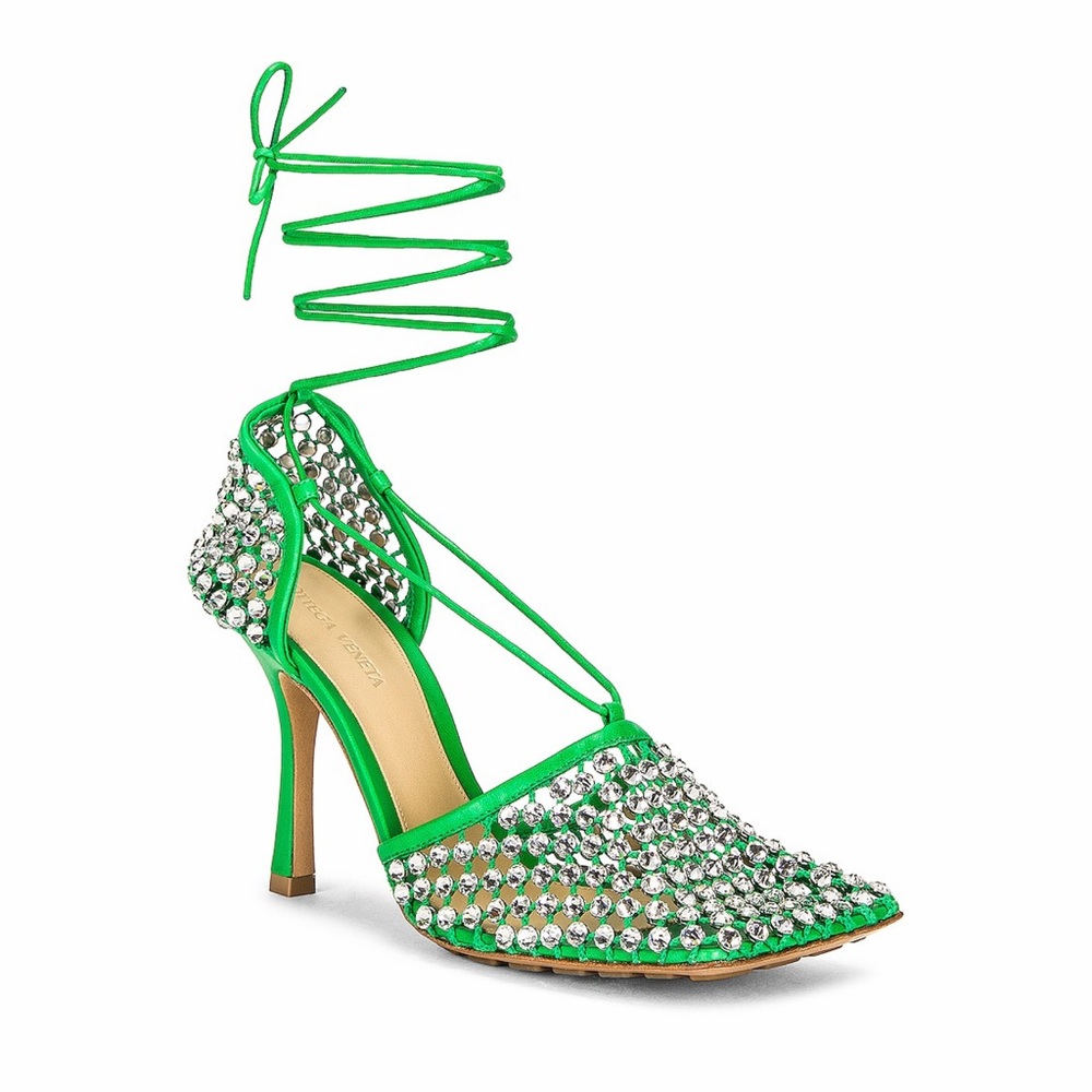 Bottega Veneta Green Sandals Rhinestone Lace Up Square Toe 8 Cocktail Resort 🟡